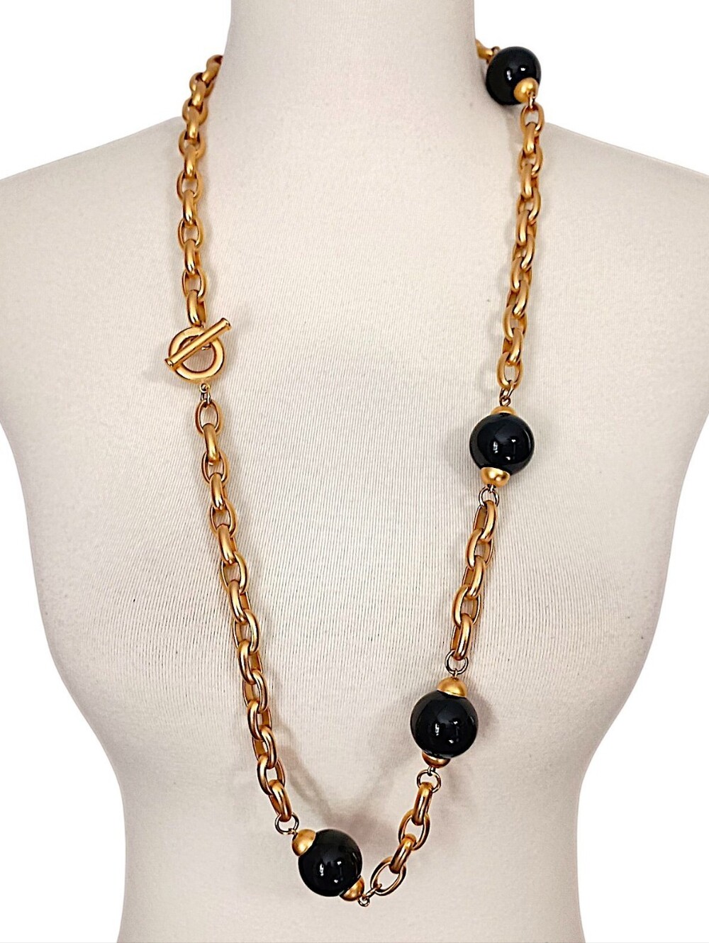 Vintage 80s Givenchy Beaded Chunky Chain Necklace Satin Gold Tone Long Statement